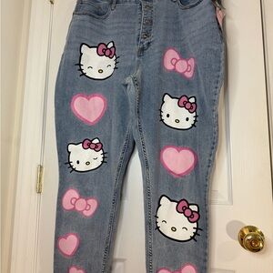 Hello Kitty Blue and Pink Boyfriend Jeans with Cartoon Motifs